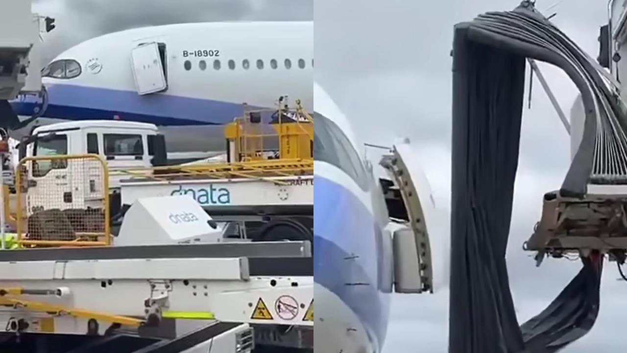 華航班機爆意外！登機門慘被扯斷「整片歪掉」連空橋也出事　慘況畫面網瘋傳