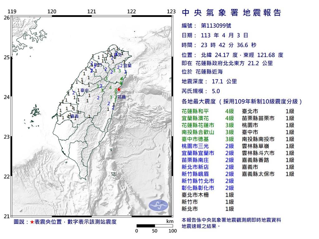 快新聞／23:42花蓮近海5.0「極淺層地震」　最大震度4級