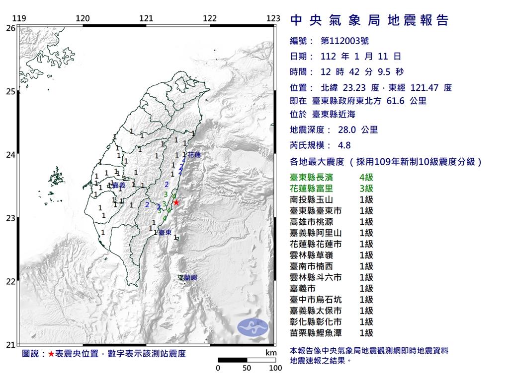 快新聞／12:42台東縣近海規模4.8地震　最大震度4級