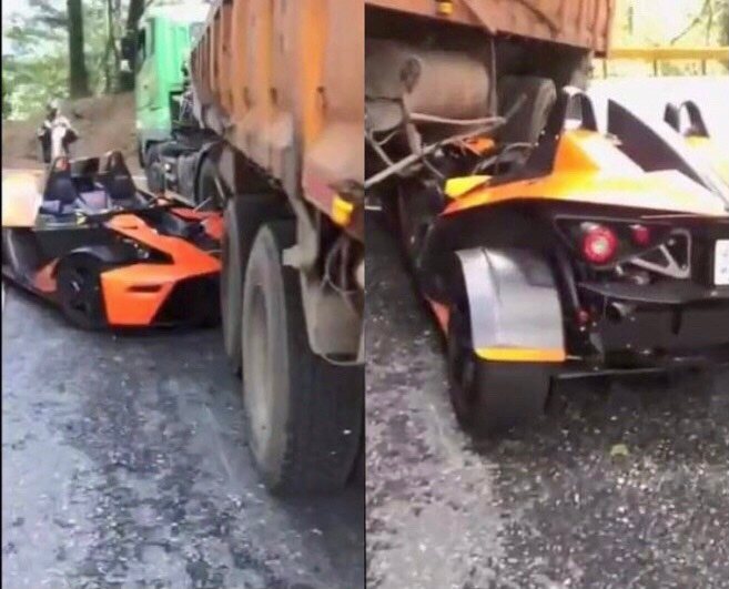 快新聞／KTM X-Bow跑車經中橫疑過彎不慎擦撞　車頭插進大貨車底