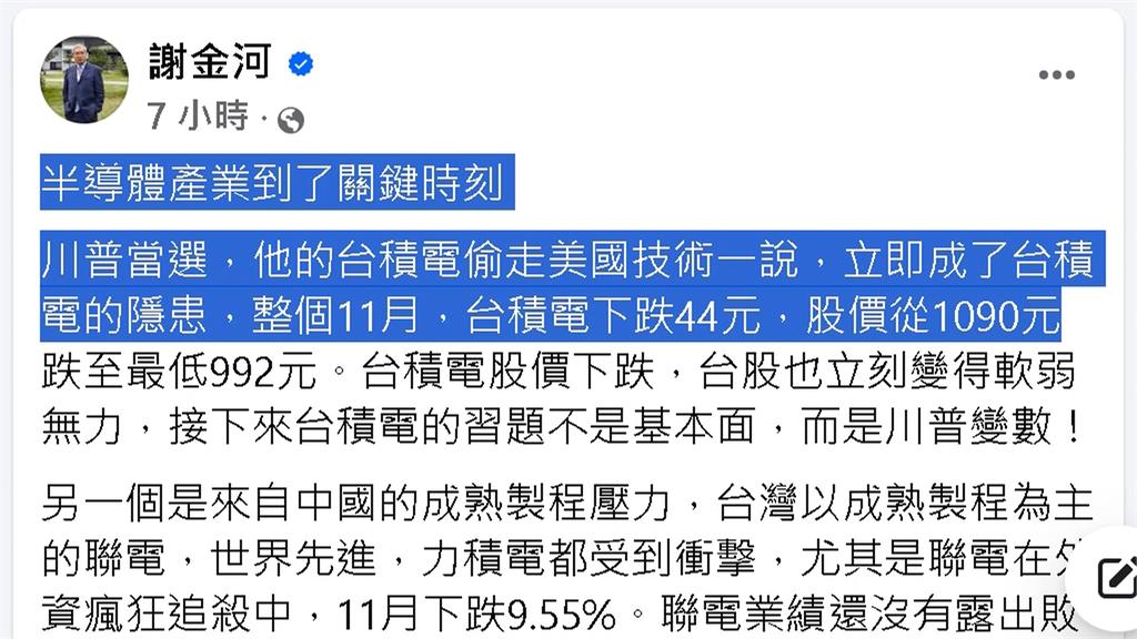 台積電跌破千元！　謝金河示警半導體產業「三大不利因素」