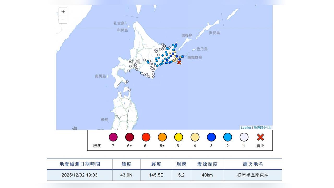 最新／北海道地牛翻身！日本晚間發生5.2淺層地震