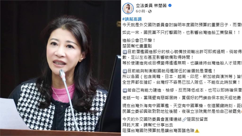 國民黨擬「砍光潛艦20億預算」!林楚茵痛批「拖累造船工業」:扯國防後腿
