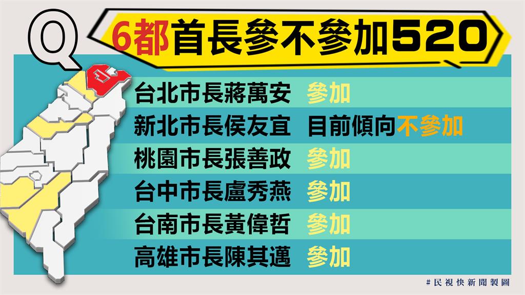 快新聞／520就職典禮六都五首長確定出席　可能最後只侯缺席