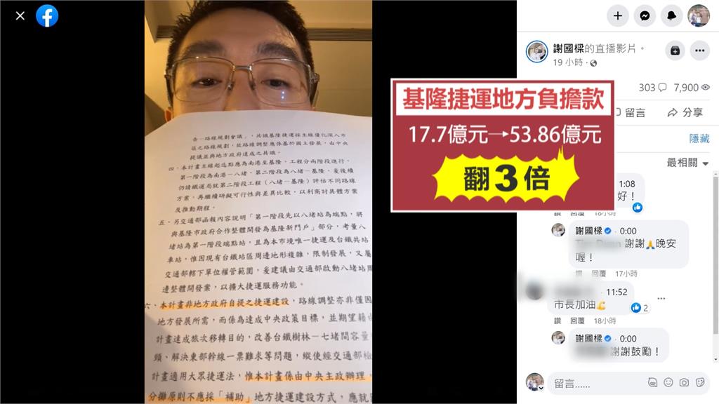 基隆捷運地方負擔額暴增3倍　謝國樑開直播挨轟炒作財政黑暗期