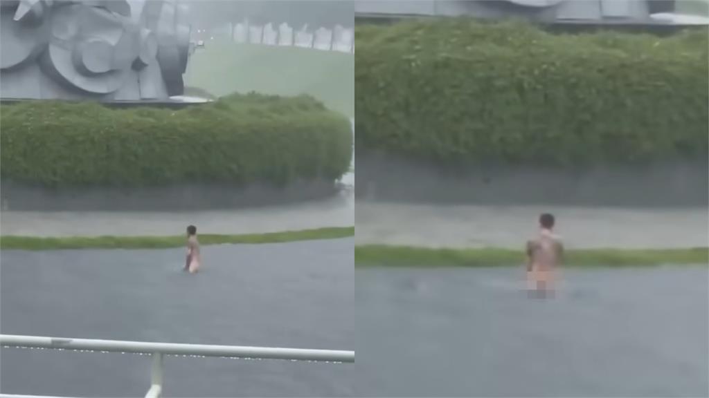 彰化公園淹大水驚見刺青男「脫光裸泳」！網見「下身全露」傻眼：穢物喝到飽