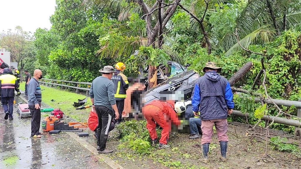 快新聞／花蓮台9線轎車打滑自撞路樹　車卡樹中嚴重變形「3人無生命跡象」