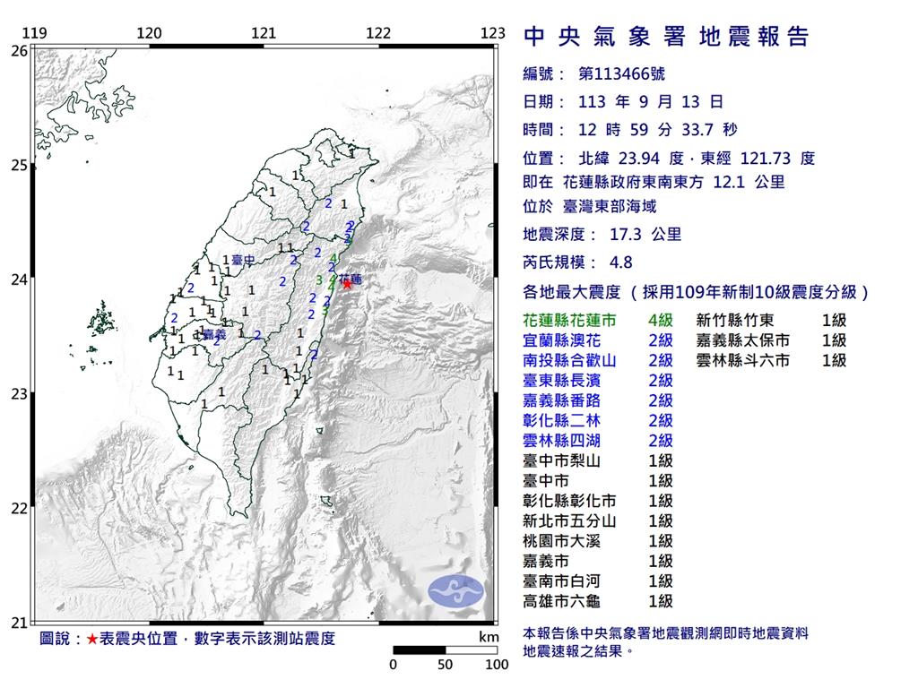 快新聞／中午地牛翻身！12:59花蓮外海規模4.8地震　最大震度4級