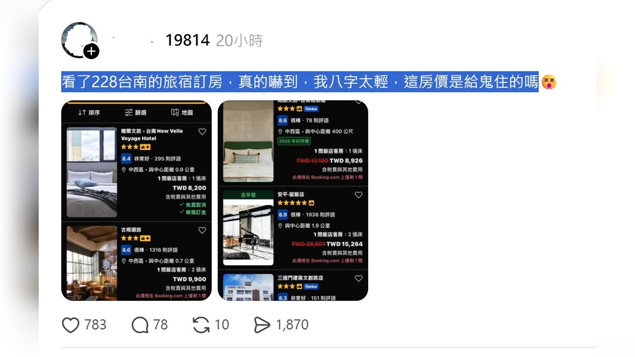 好貴!連假台南住宿「雙人房破8千」 網友:這房價是給鬼住?
