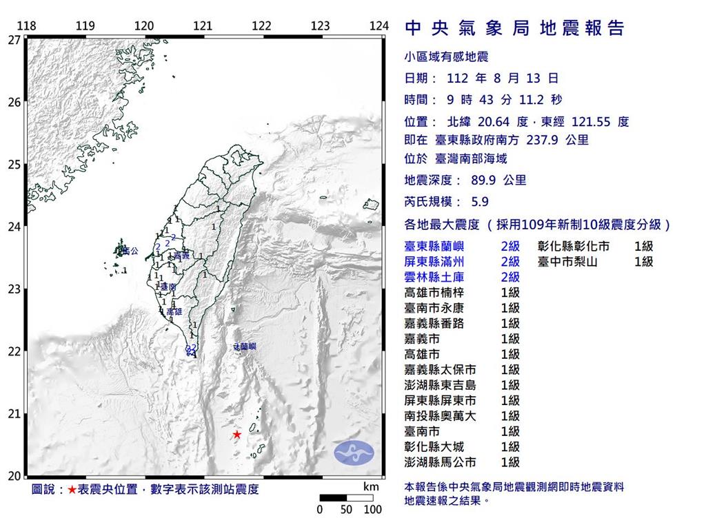 快新聞／11縣市有感！台灣南部海域9:43規模5.9地震　最大震度2級