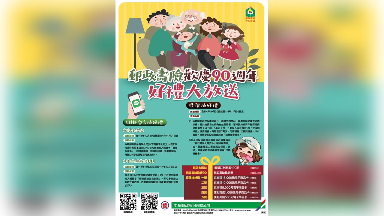 郵政壽險90週年，舉辦「郵政壽險歡慶90週年好禮大放送」活動，歡迎民眾踴躍參與！