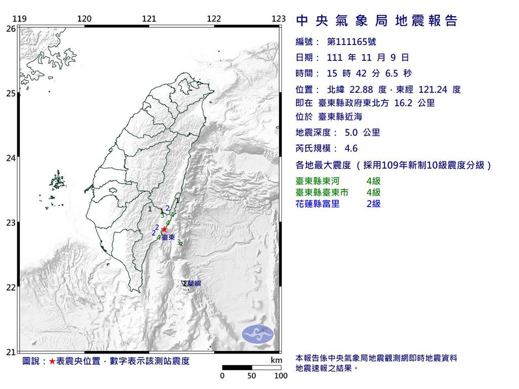 快新聞／台東近海15:42規模4.6地震　最大震度台東4級