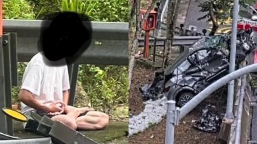 國道休旅車追撞噴飛護欄!駕駛下秒「路肩淡定打坐」詭異畫面全場看傻了