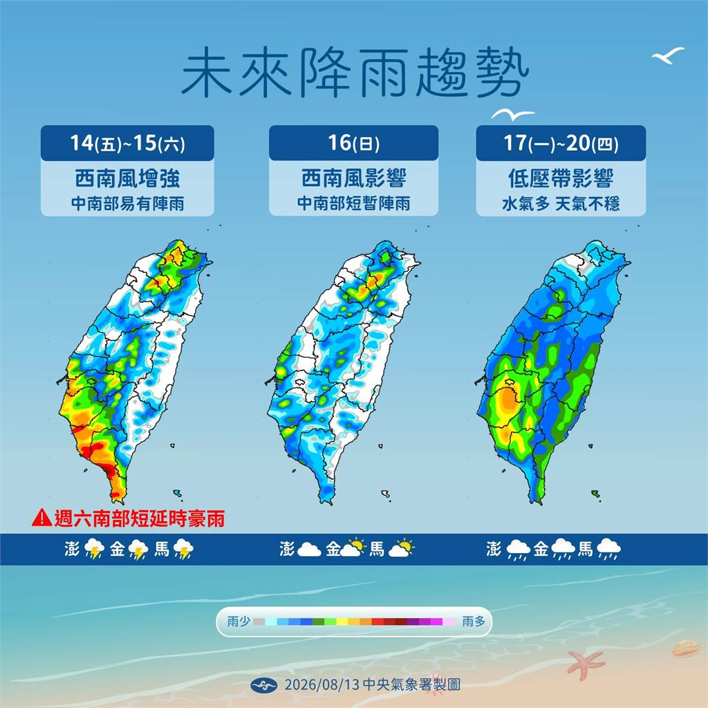 【一週天氣】12縣市大雨特報至今晚　季風環流減弱「下週」仍有強降雨