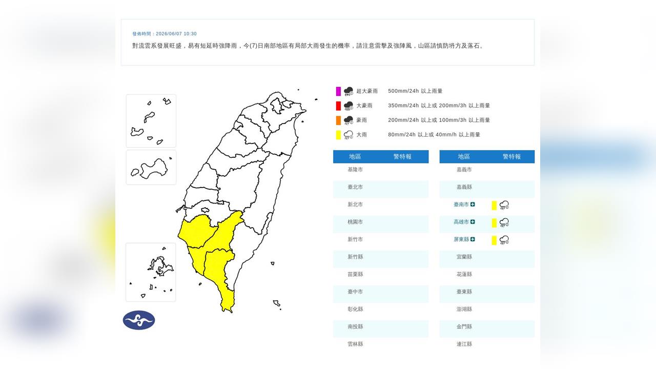 快新聞／雨彈開轟！3縣市大雨特報　一路下到晚上