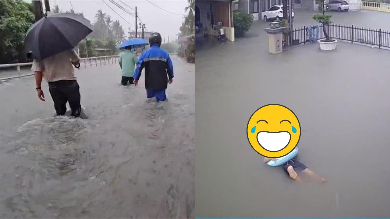 庭院大淹水…屏東男帶泳圈「躺平漂浮」Chill爆！網笑：心態好就是峇里島