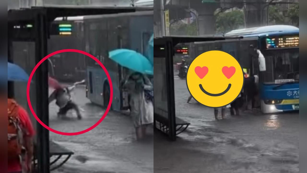 內湖大淹水…學生下公車「撲進積水裡」！急起身「保護後方乘客」超暖過程全被拍