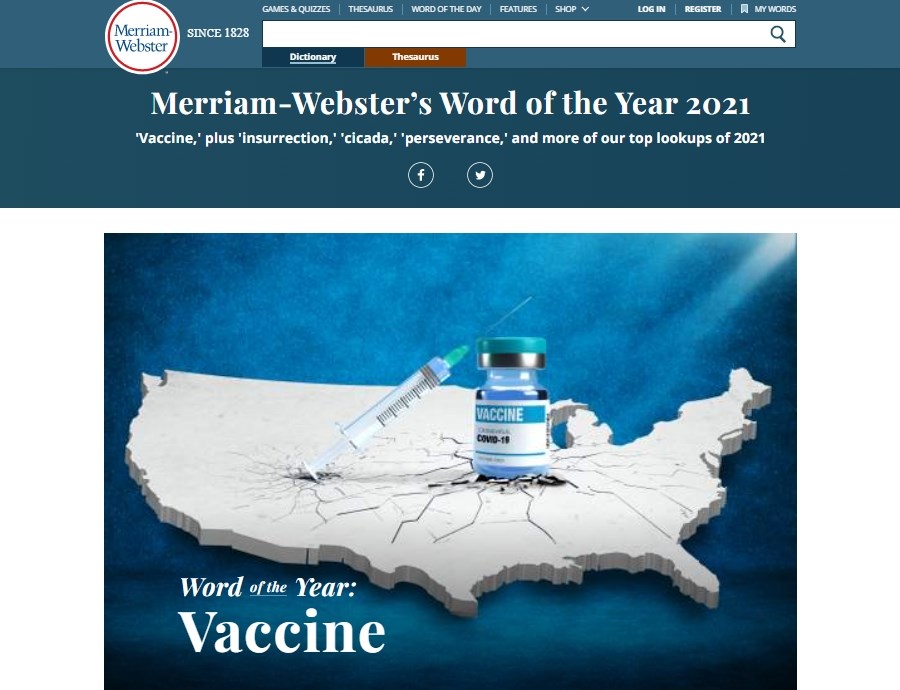 抗疫武器成焦點　韋氏辭典2021年度代表字「疫苗」