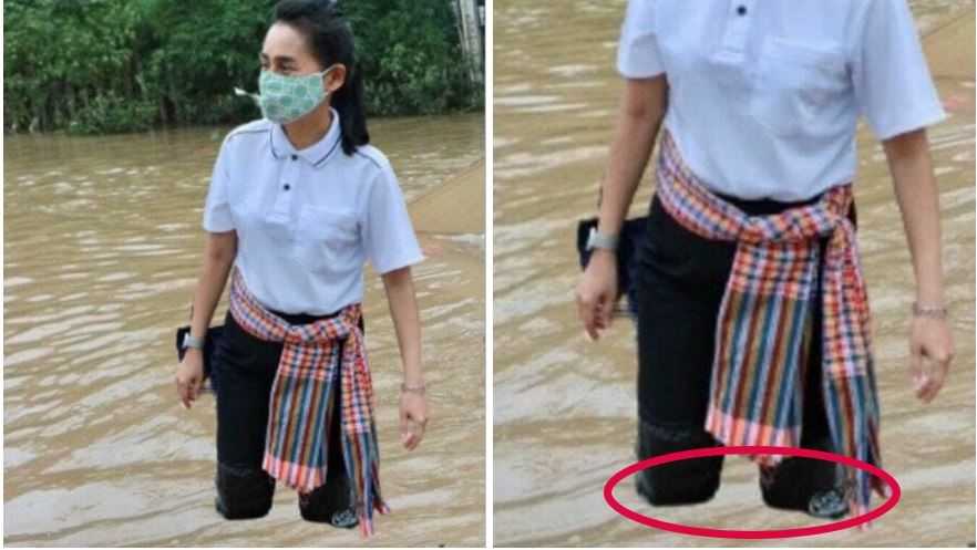 泰國副部長勘災「嚨係假」雙腿漂洪水上　拙劣P圖被抓包！挨轟急刪文