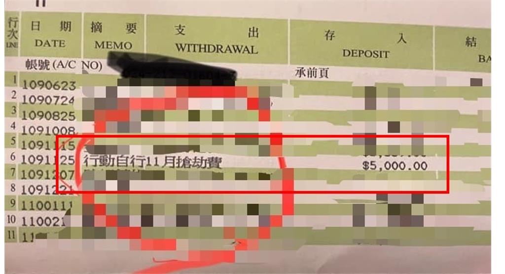 刷存摺驚見「5000元搶劫費」！她得知真相笑翻：原來每個月都有