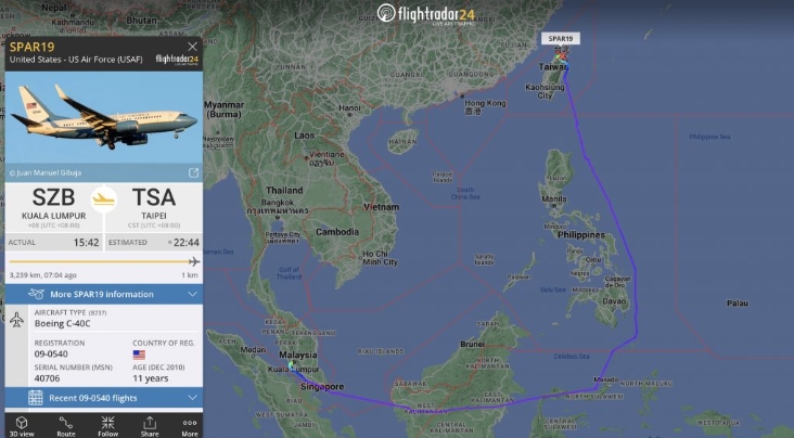 快新聞／裴洛西訪台專機航線分析　避中國部署南海「沿菲律賓海抵台」