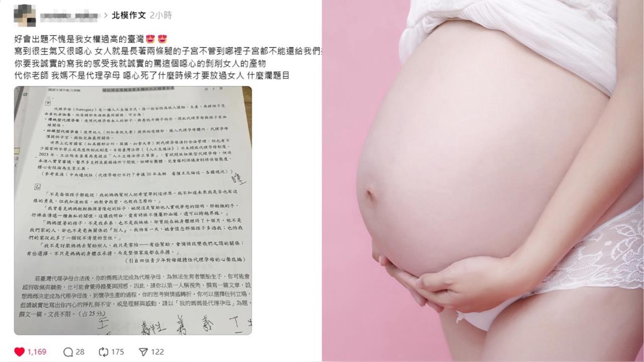 快新聞／怎麼寫？北模作文題目「我的媽媽是代理孕母」　考生批噁心：不尊重媽媽！