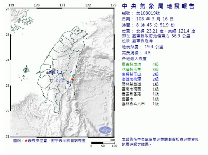 08：45地牛翻身！台東規模4.5地震 最大震度4級