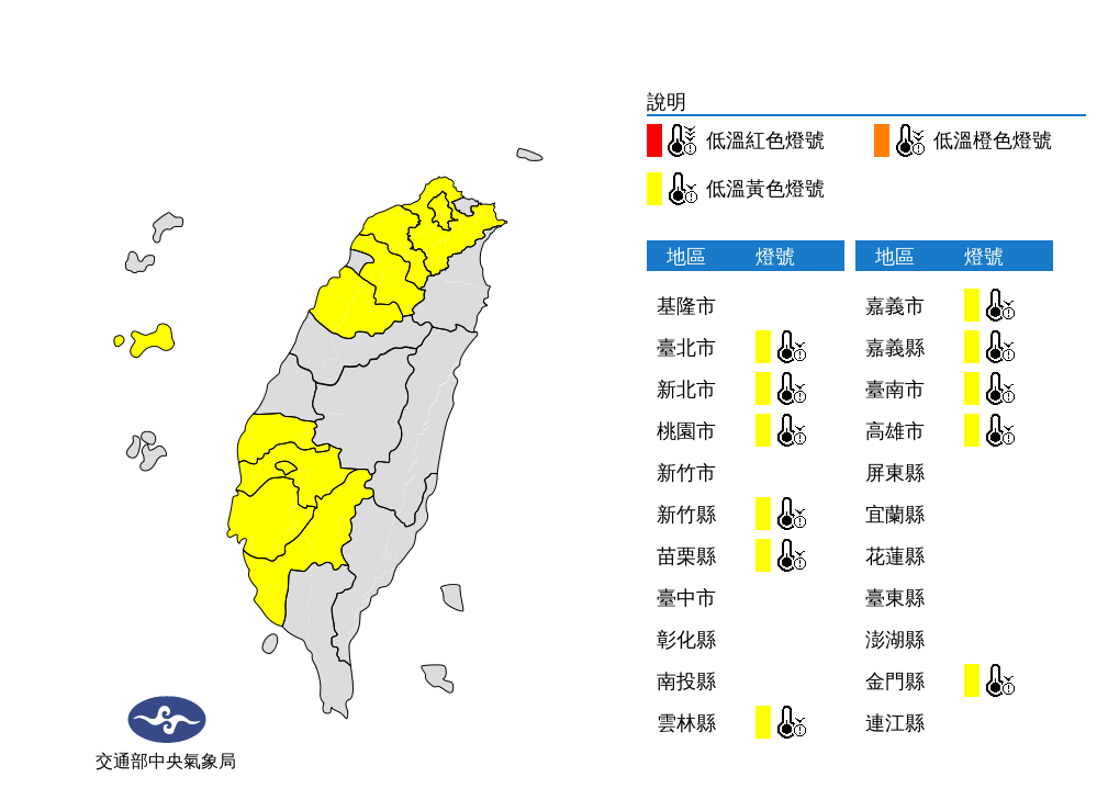 [2019/12/08]冷氣團、輻射冷卻影響！11縣市黃燈低溫特報 