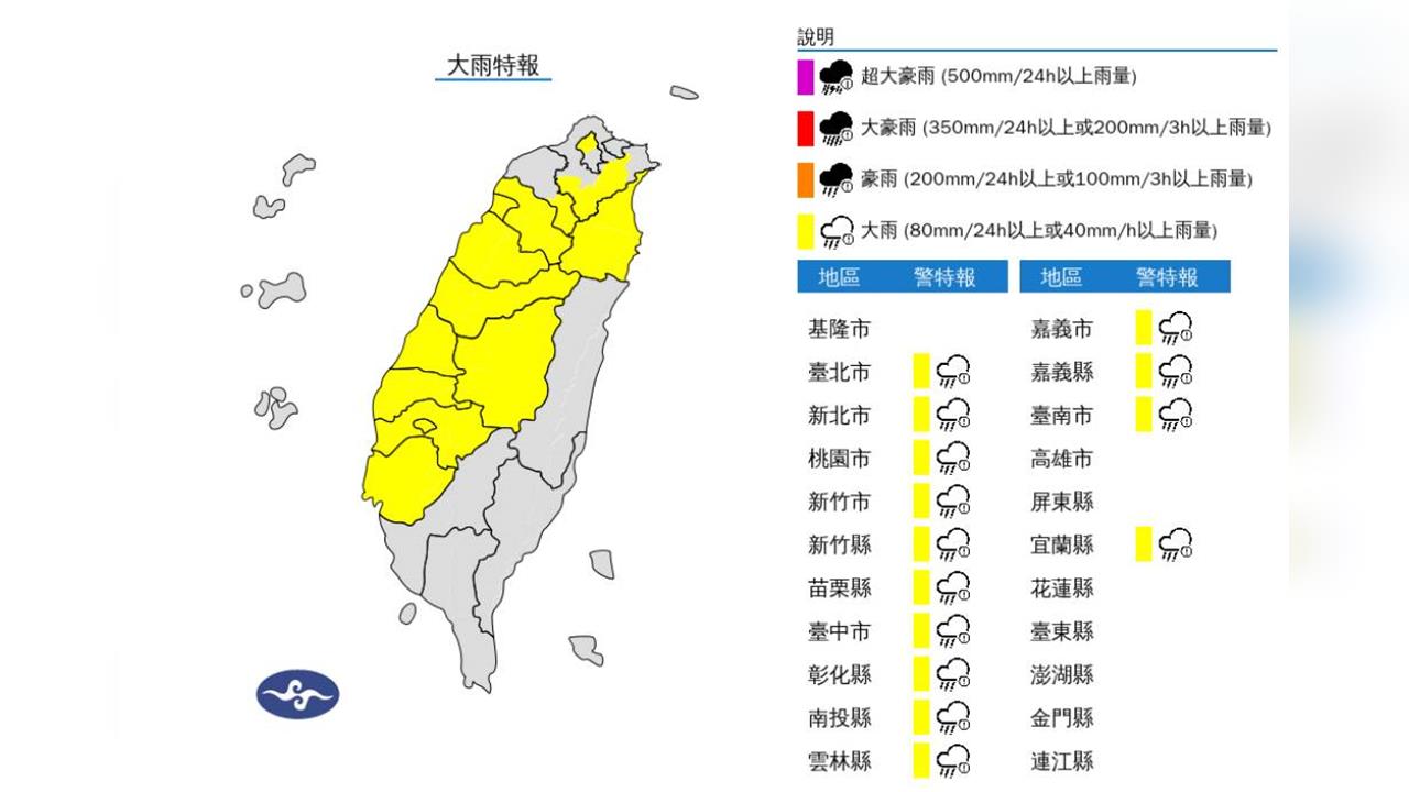 快新聞／下班注意！14縣市大雨特報　恐白天下到黑夜