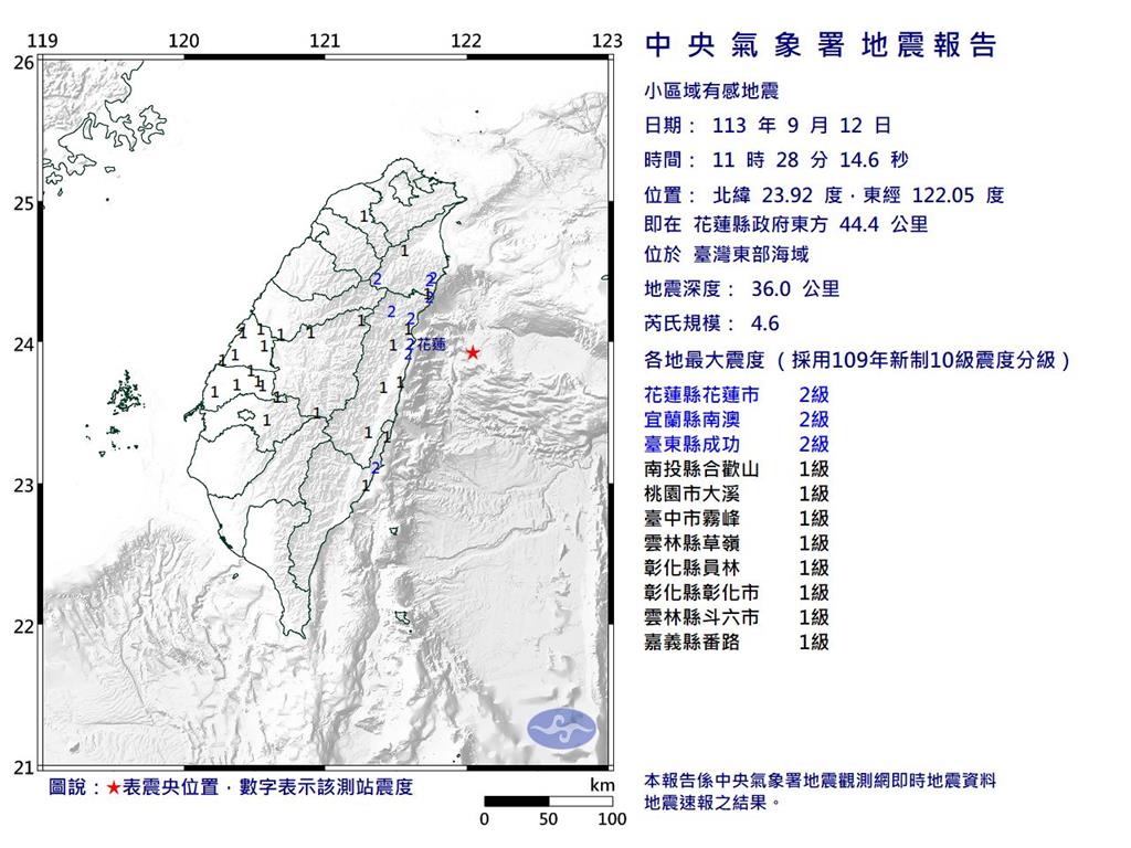 快新聞／9縣市有感！11:28東部海域規模4.6地震　最大震度2級