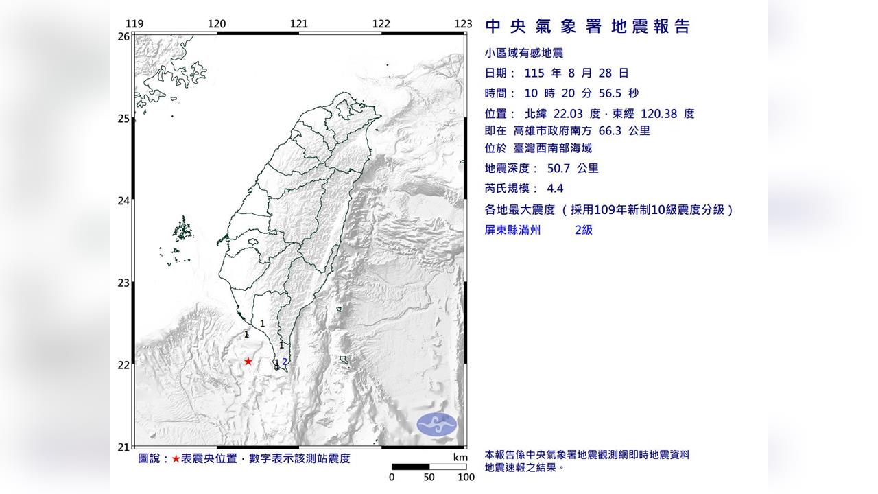 快新聞／一早震一下！西南部海域10:20規模4.4地震　最大震度2級