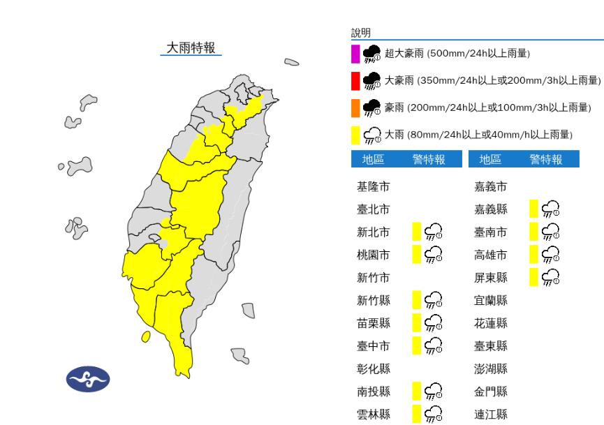 快新聞／11縣市大雨特報下到入夜　「這些地方」防大雷雨、山區暴雨