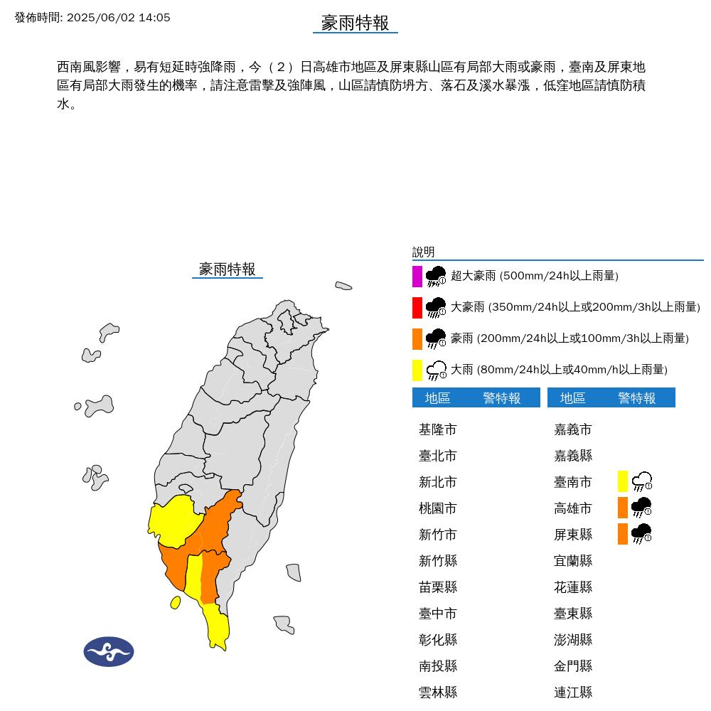 快新聞／3縣市豪大雨特報　高雄市慎防大雷雨