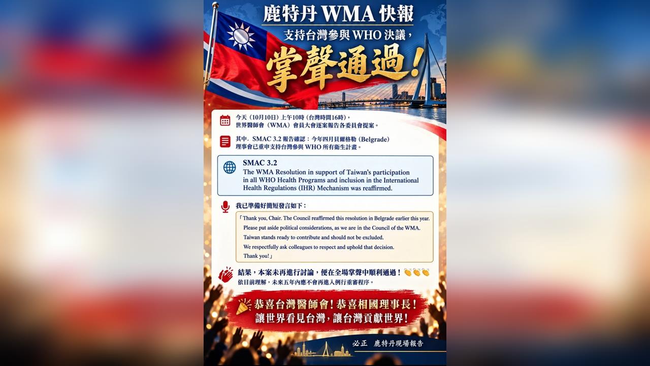 WMA鹿特丹大會再挺台灣，支持台灣參與WHO決議文獲再次確認　五年內原則不得再議