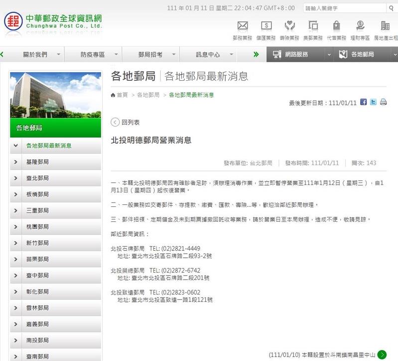 快新聞／北投明德郵局有確診者足跡！　今緊急停業員工8人採檢PCR