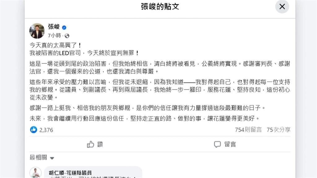 LED採購弊案二審逆轉無罪　張峻：從頭到尾的政治陷害