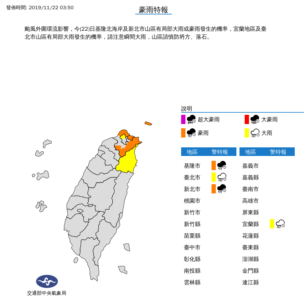 [2019/11/22]鳳凰北移！4縣市豪、大雨特報