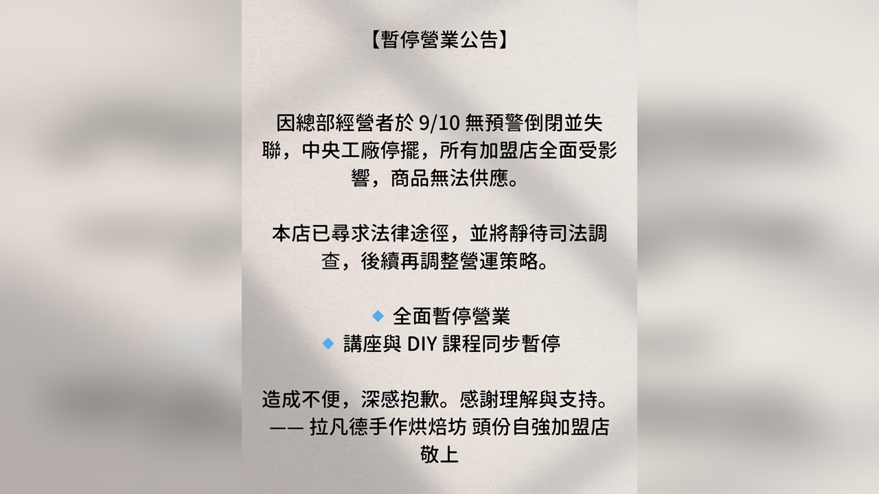 新竹知名烘焙品牌驚傳惡性倒閉！　負責人夫妻人間蒸發　加盟主怒