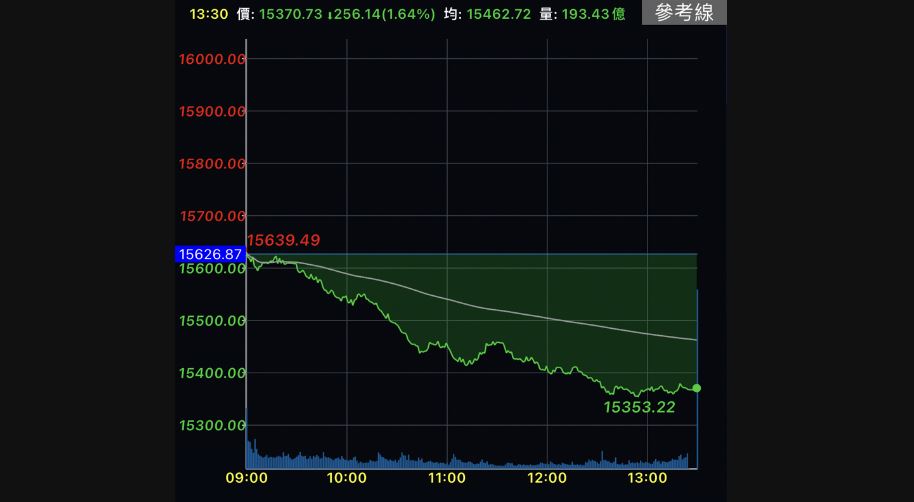 電子股一蹶不振　台股下跌256點摜破15400點