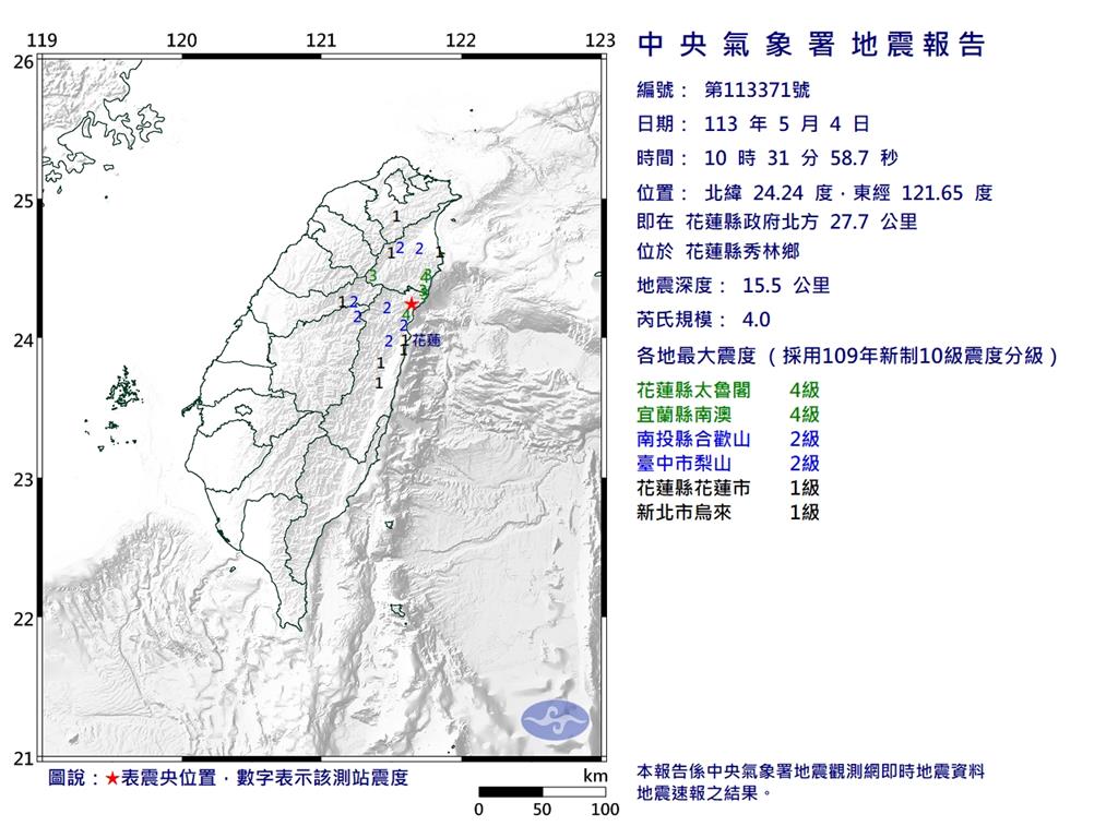 快新聞／花蓮10:31發生規模4地震　最大震度4級、深度僅15.5公里