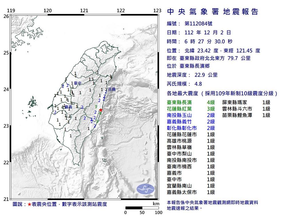 快新聞／台東長濱06:27規模4.8地震 最大震度4級