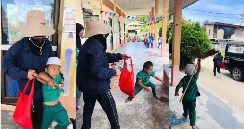泰男童拿掃把成功驅趕「綁匪」 幼兒園安全演習最萌畫面曝光