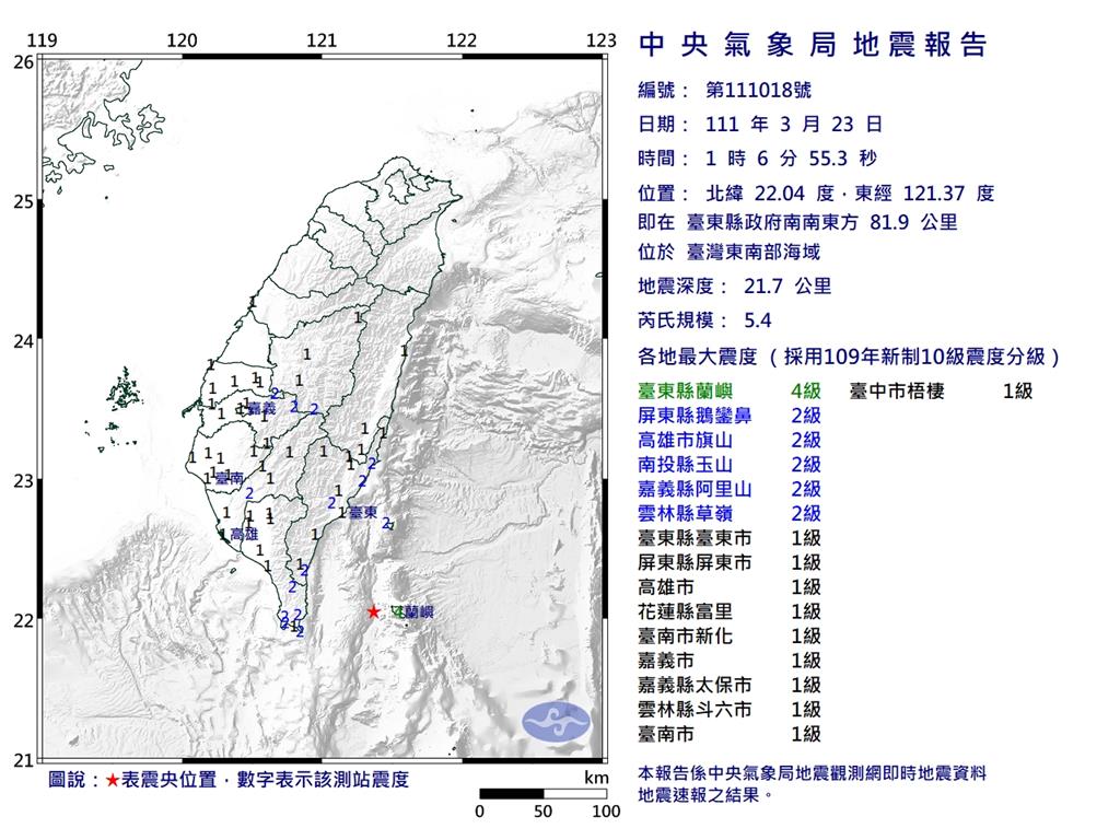 快新聞／01時06分規模5.4地震　台東蘭嶼最大震度4級