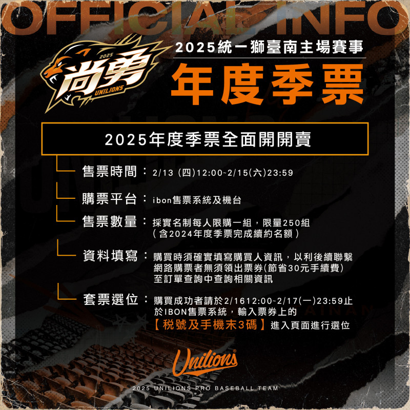 中職／統一獅台南主場年度季票限量250套 享專屬活動與主場實戰球衣