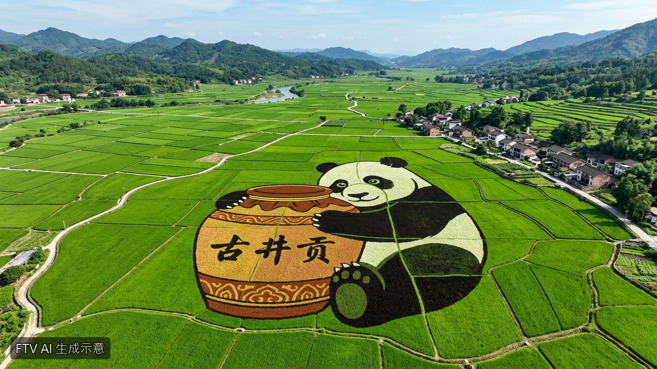 四川成都稻田現奇景！彩色水稻拼出「大貓熊抱酒罈」