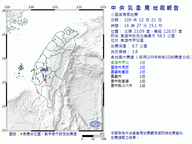 快新聞／16時27分地牛翻身 最大震度高雄甲仙3級