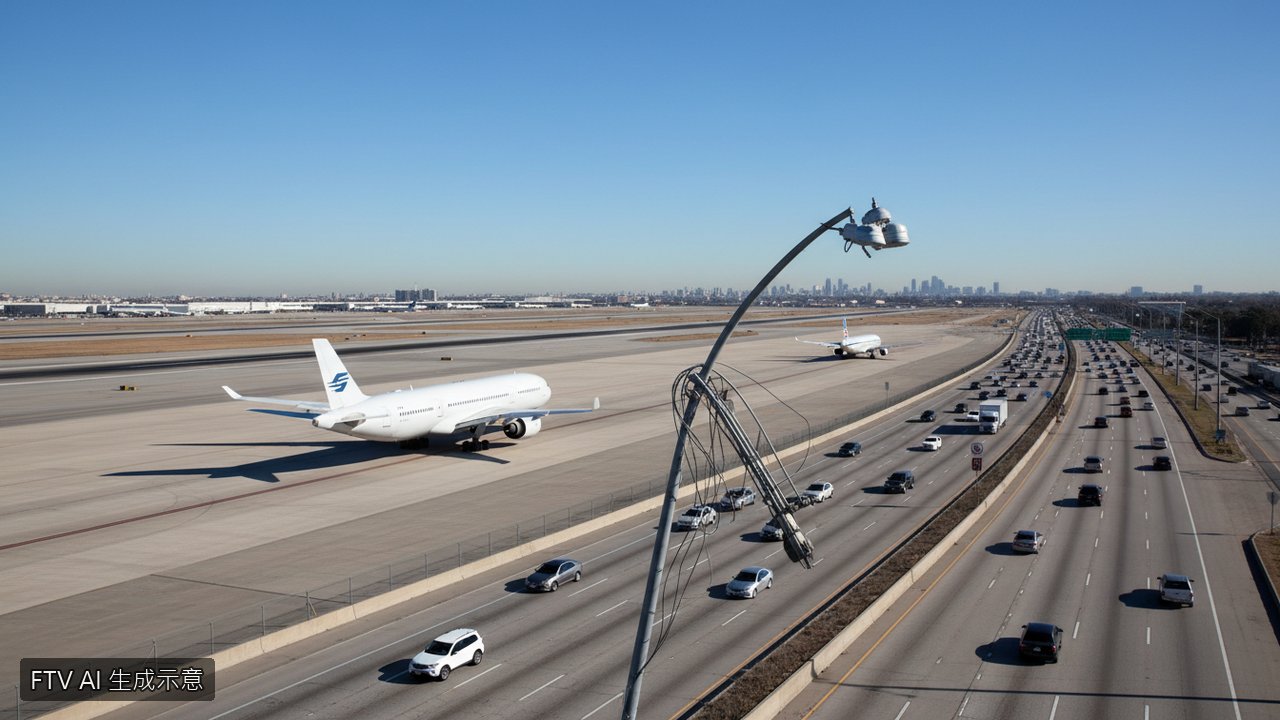 聯合航空客機降落紐華克驚魂！機翼撞斷路燈波及公路貨車