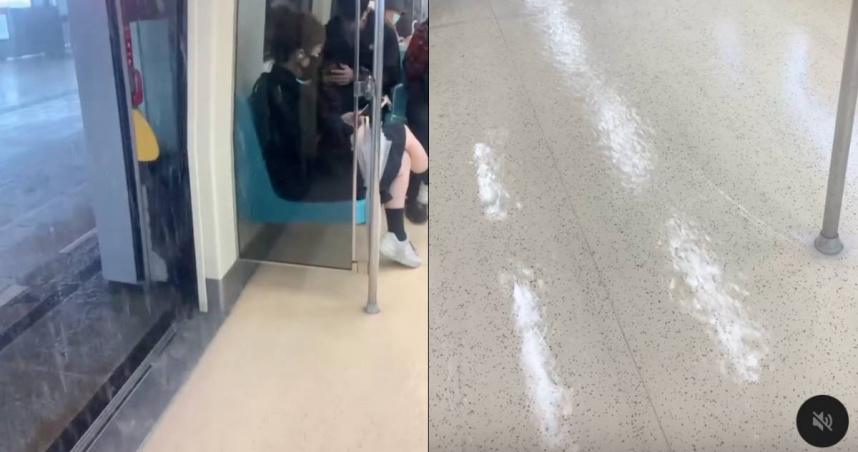 雷雨灌進車廂！淡水捷運站驚見「水濂洞」　乘客全傻眼抬腳