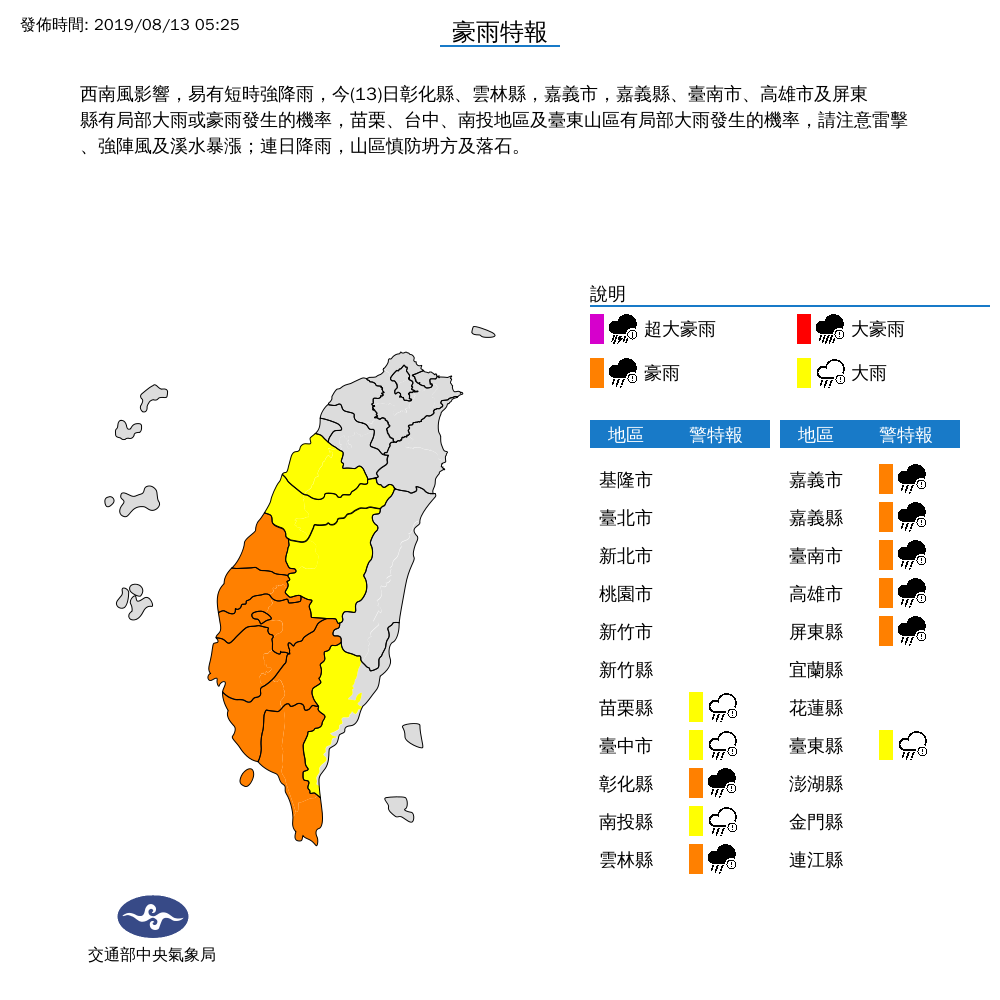 [2019/08/13]暴雨炸中南部！11縣市發布豪、大雨特報
