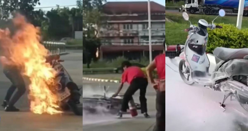 汽油外漏仍發動引擎！機車在加油站「燒成火球」　母女遭燒傷